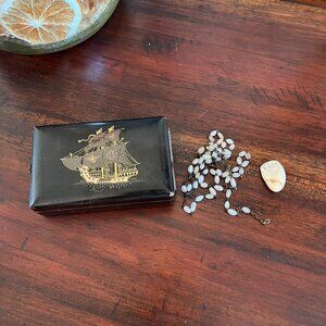 Vintage Trinket Box and Contents Black Lacquer Wood Ship Study Grandpa Decor Kee